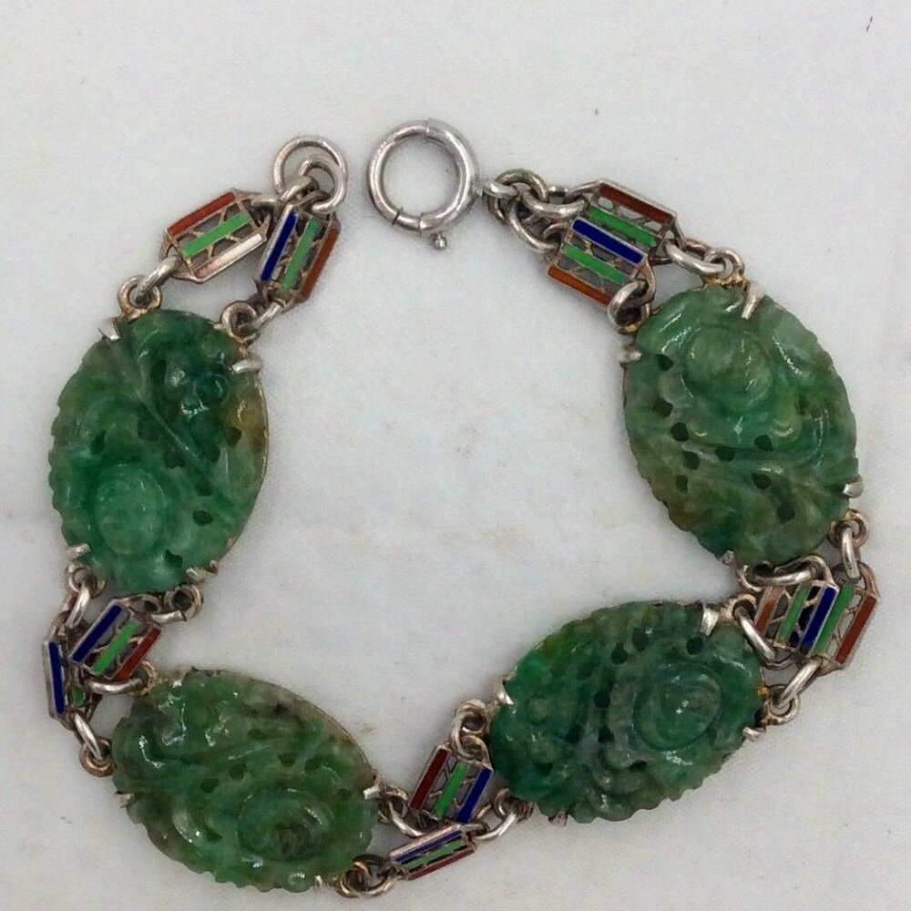 Sterling Silver Carved Jade Enamel Bracelet 6.25" 12.1 Grams